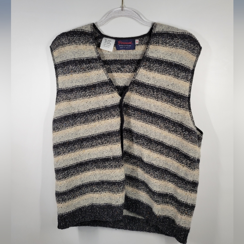 Vtg Paramount Gray Cream Striped Wool Silk Blend Button Up Sweater Vest Men Sz M